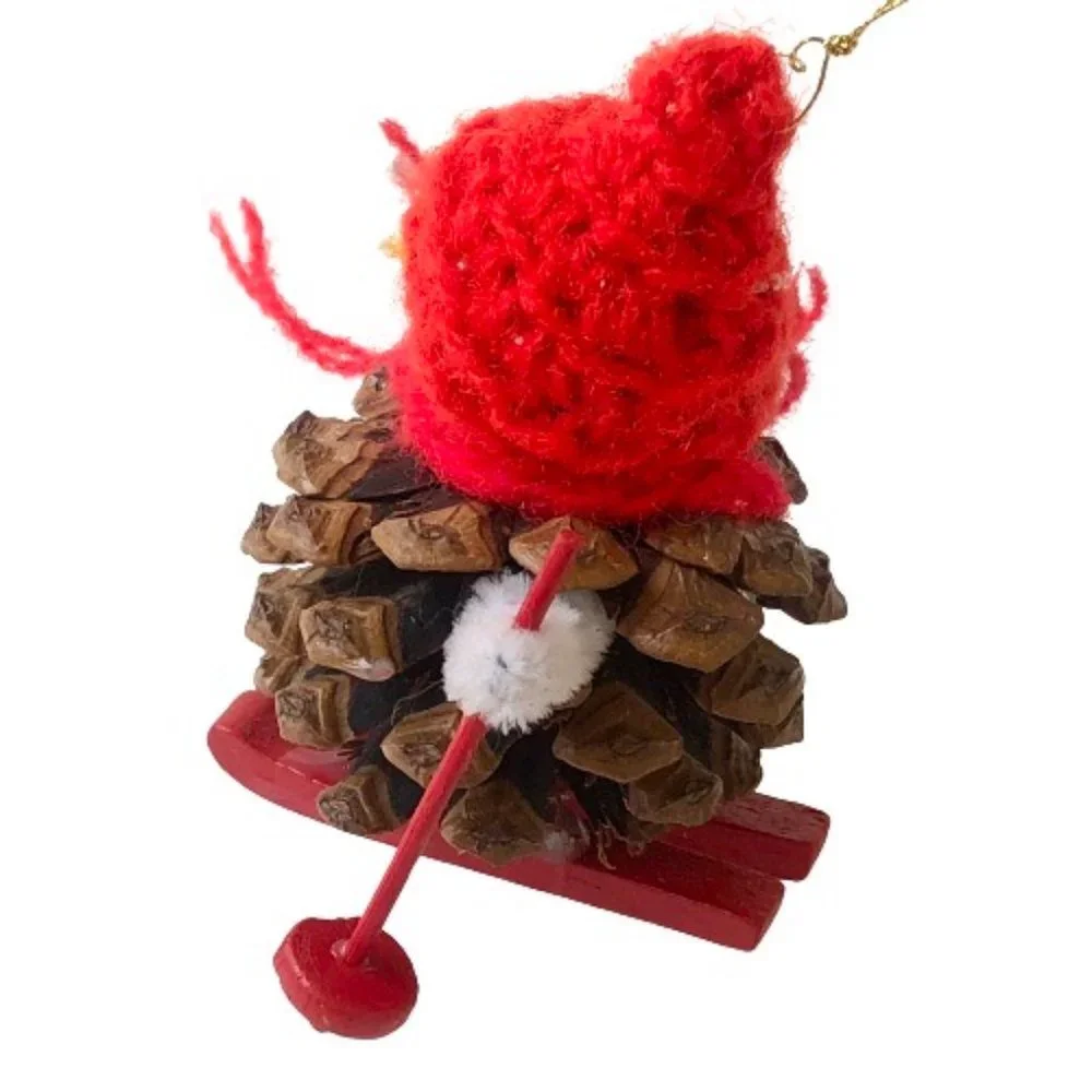 Vintage Christmas Ornaments Handmade Pine-Cone Skier + Yarn Log Carrier Lot 2
